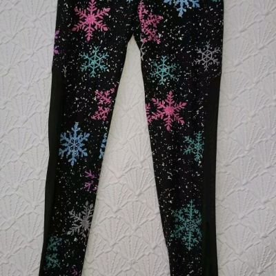 JUNIORS Leggings No Boundaries S (3/5) Black with Colorful Snowflakes Sheer New